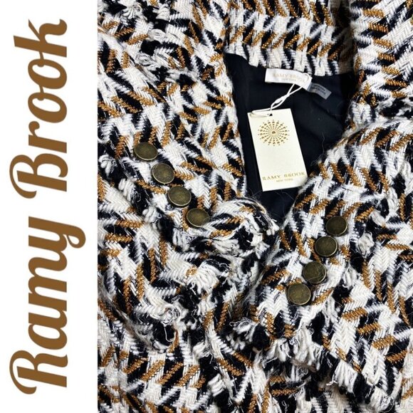 NWT RAMY BROOK Mallary Gold Plaid Tweed Wool Blend Blazer Fringe Trim, Size 8 - Picture 9 of 11